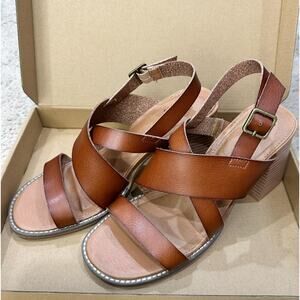 Sonoma Women's Size 9 M Block Heel Wedge Sandals Cognac Brown Faux Leather Beach
